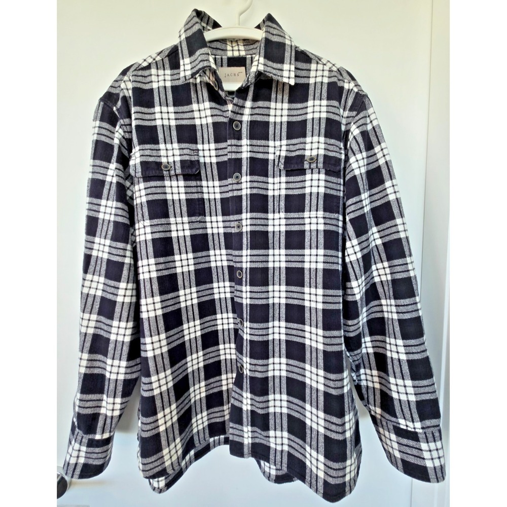 JACHS Plaid Flannel Shirt Mens K Black White Buffalo Check Long Sleeve Soft